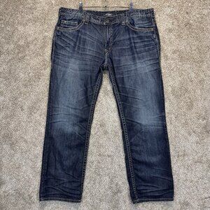 Silver Jeans Mens 40x32 Blue Nash Straight Distressed Stretch Dark Wash Denim